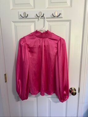 Sugarlips Fuchsia Satin Smocked-Neck Balloon Sleeve Blouse